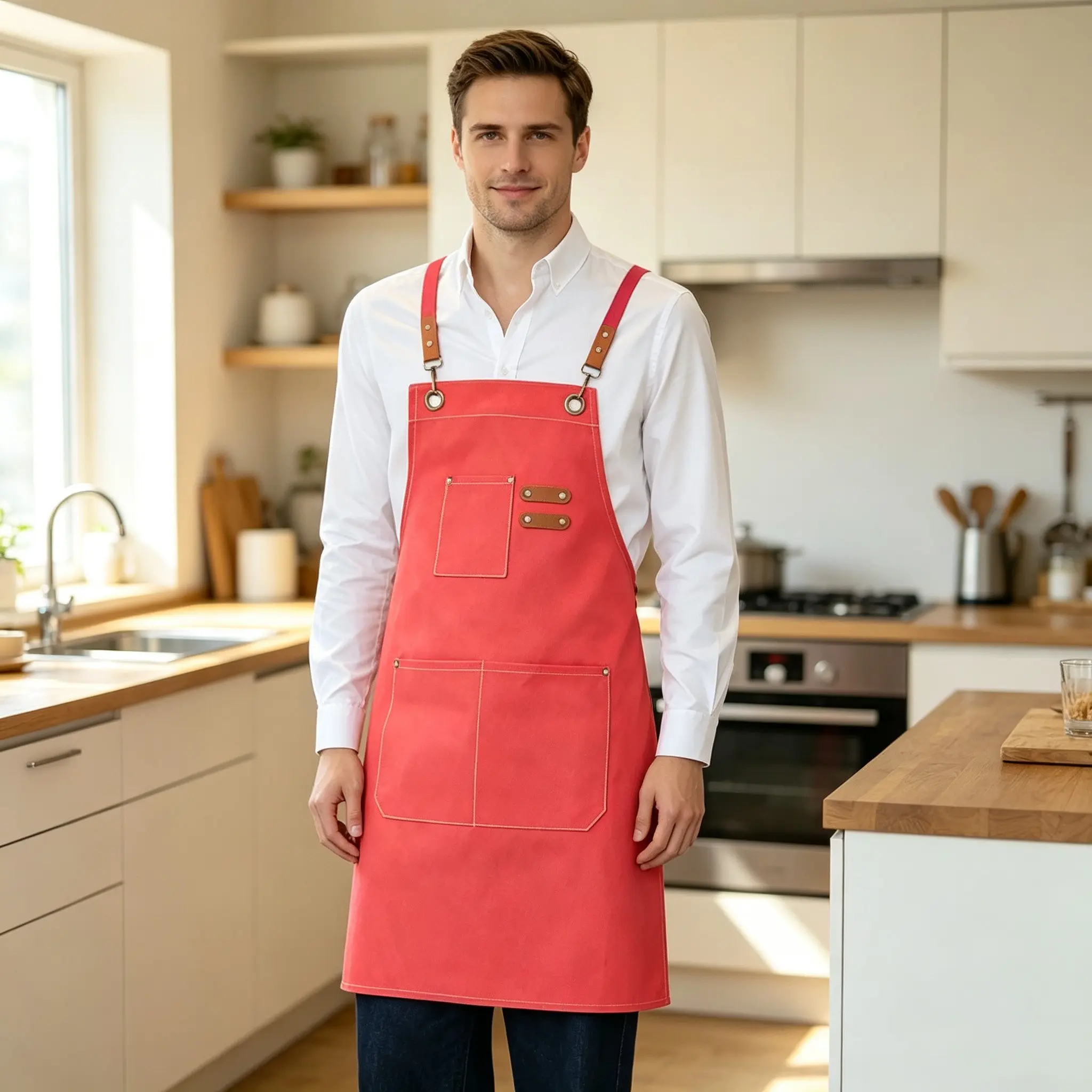 Canvas Cross Back Kitchen Apron, Cooking Apron with Multi Pockets, Aprons with Pockets, Casual Style for Men and Women, All Seasons Use