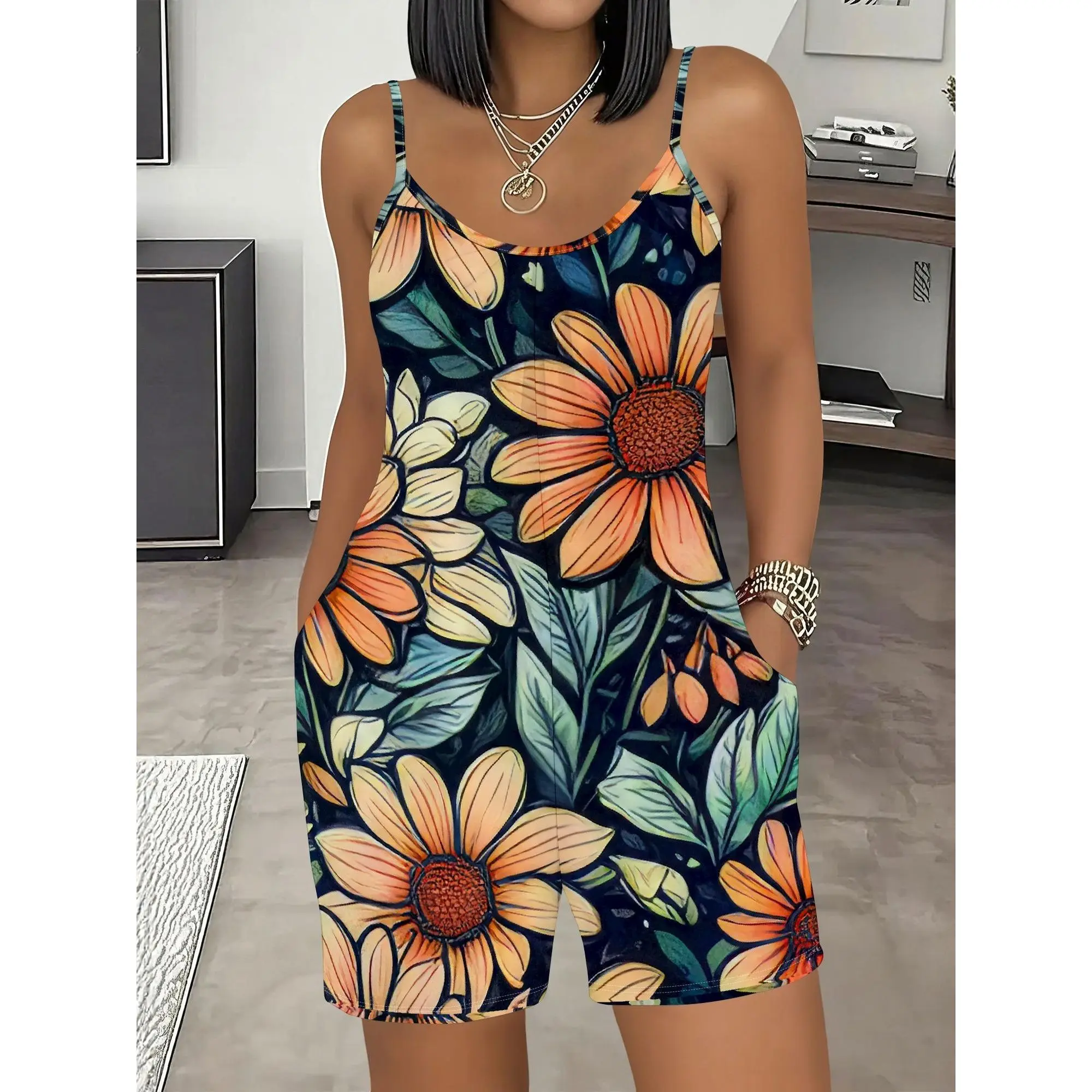 Floral Romper, Daisy Print Jumpsuit, Pocket Playsuit, Summer Casual Outfit, Beach Vacation Wear, S-2XL