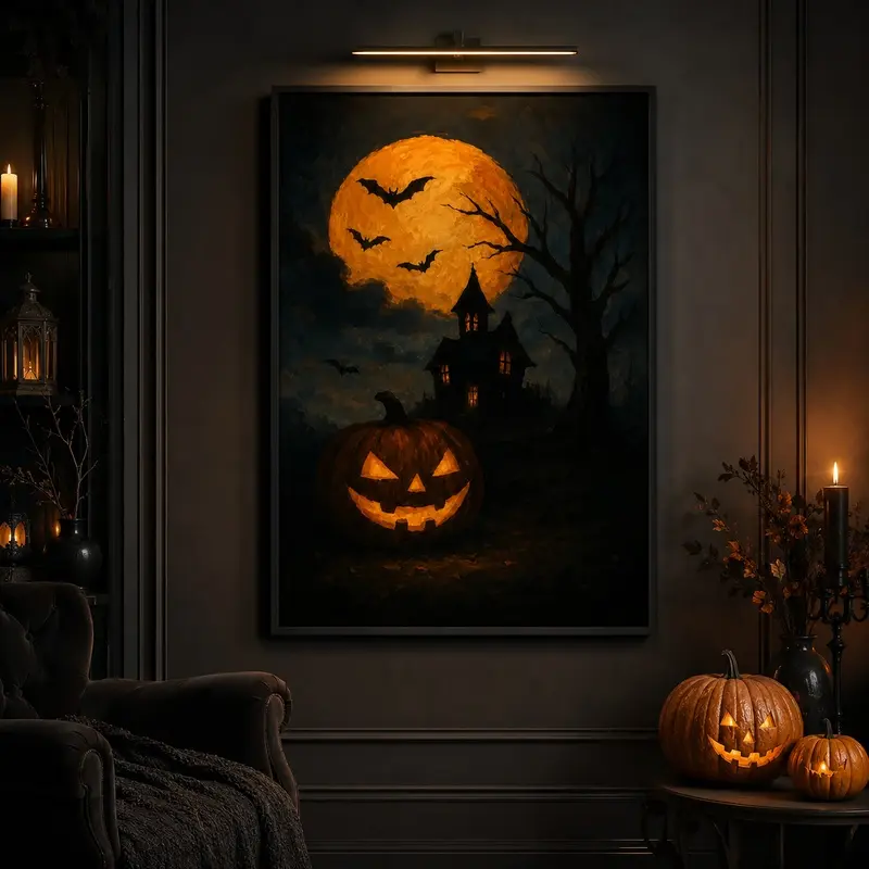 Halloween Pumpkin Wall Art – Spooky Haunted House and Full Moon Canvas, Gothic Bats Night Painting for Halloween Decor, Horror Poster, Spooky Wall Decor, Fall Bedroom Living Room Decor, Dorm Room Gothic Home Art, Halloween Gift