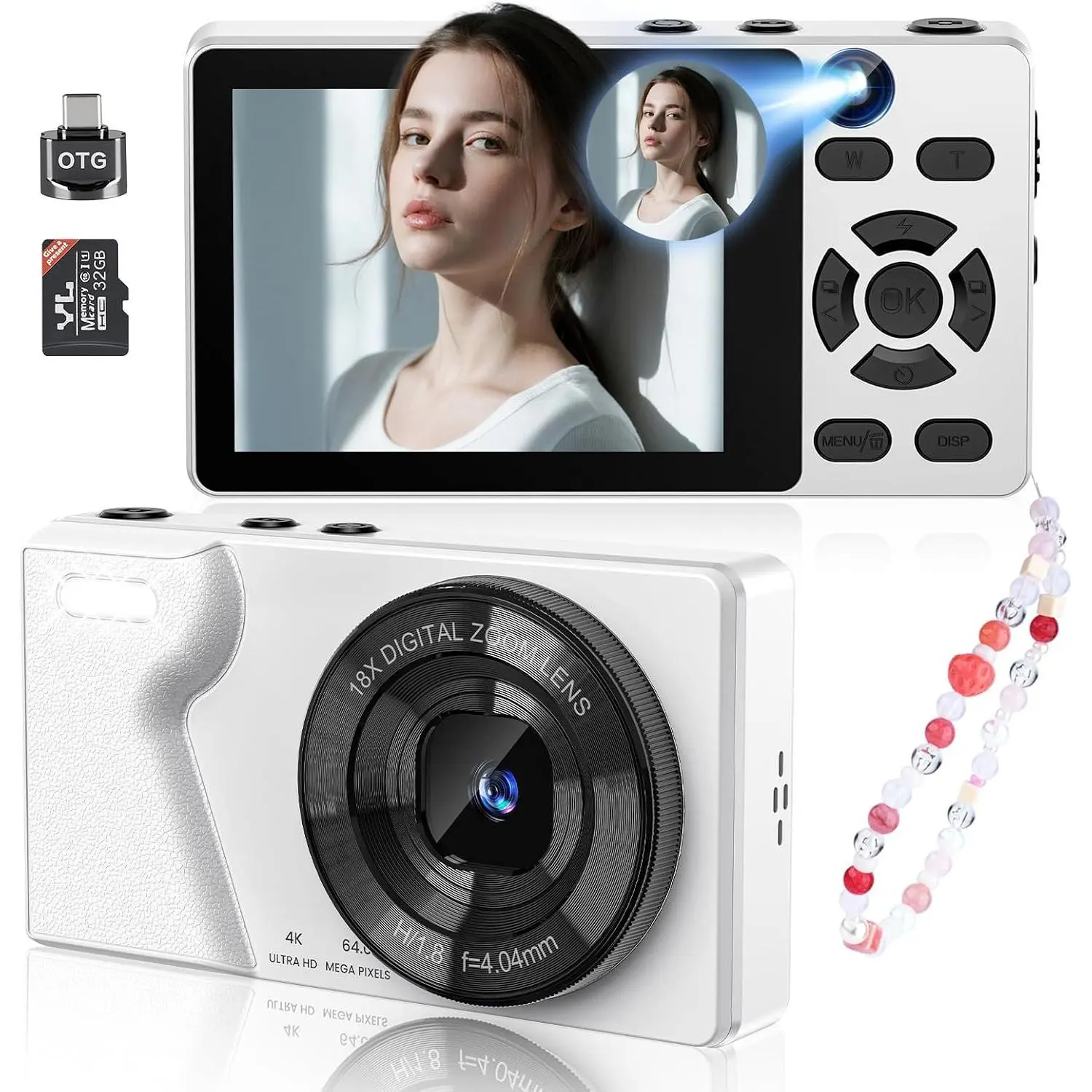 Digital Camera with Front Rear Lens, Autofocus 64MP 4K Camera for Photography with 32GB Card, Portable Compact Point and Shoot Camera for Teens Adult Beginner with Metal Shell, 2000mAh