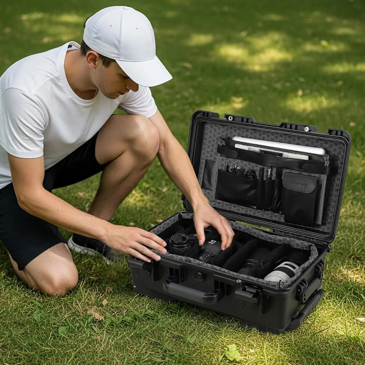 Garvee Heavy Duty Waterproof Camera Case for Diving & Water Sports – Impact & Particles Resistant Dry Box with Wheels, Padded Dividers, 22” x 14” x 9”, Secure Storage for Photography Gear, Includes Document Bag & Camera Insert