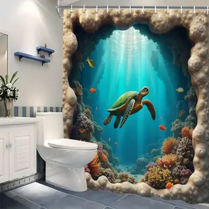1 Underwater Sea Turtle Shower Curtain – Featuring a Vibrant Coral Reef and Marine Life Pattern, Green Sea Turtles in a Sun-Dappled Seascape, and a Beige Coral Border; Made of Waterproof Fabric; Includes 12/24 Hooks; Machine Washable Bathroom Decor