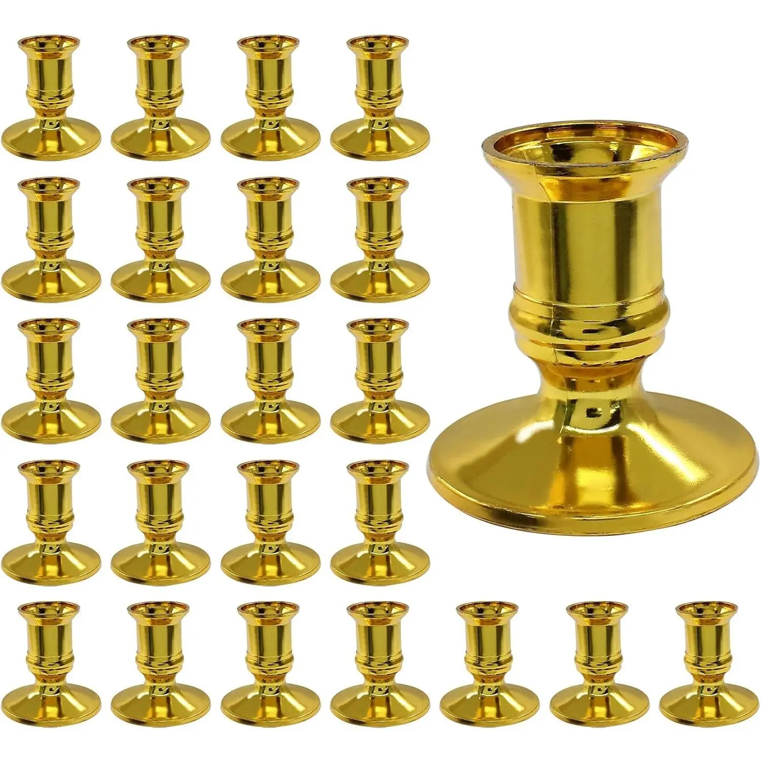 24Pcs Gold Plastic Taper Candle Holder with LED Candlestick Stand