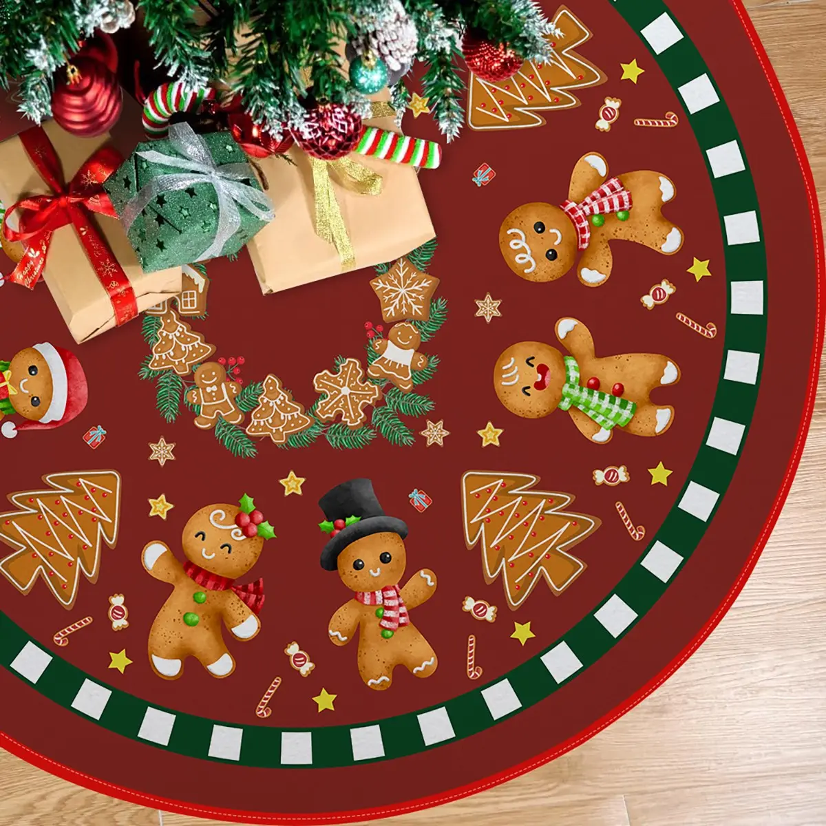 Polyester Christmas Tree Skirt with Cookie and Star Pattern, Classic Solid Border, Drawstring Closure, Holiday Decor for Standard Trees