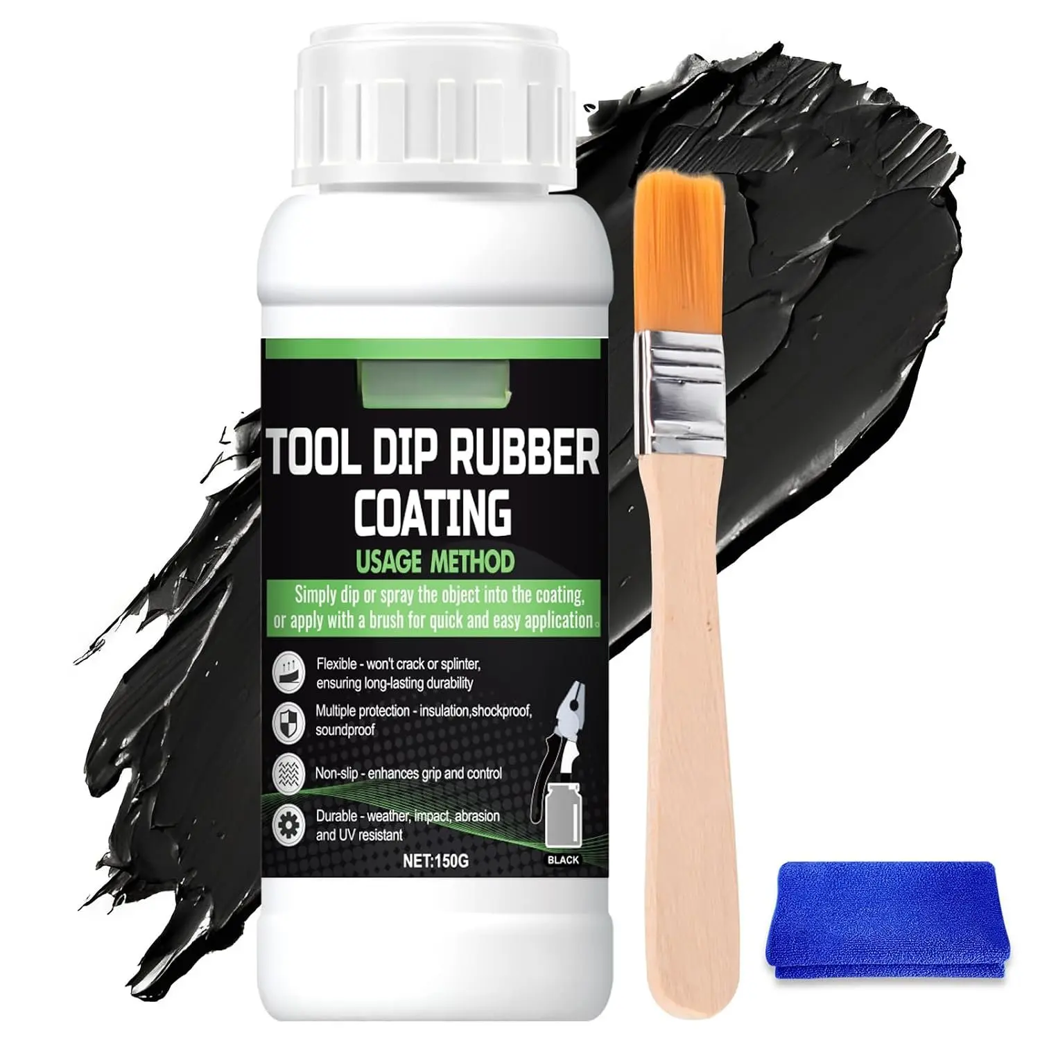 150g Black Liquid Rubber Coating for Small DIY Repairs | Includes Brush and Cloth, Apply by Dipping Or Brushing to Metal Or Plastic Tool Handles