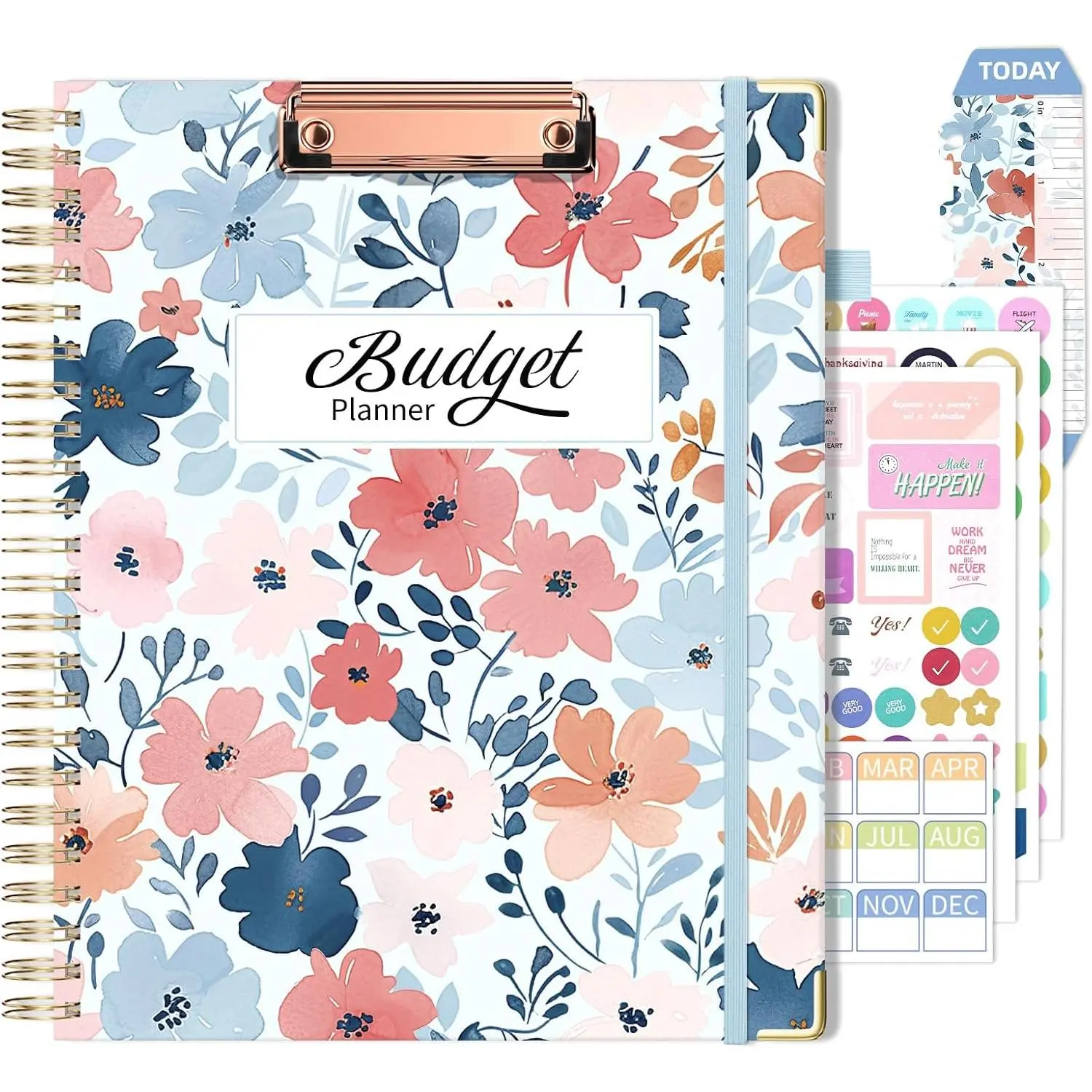 Undated Budget Planner with Clipboard Large Weekly Monthly Account Planners with Stickers 12 Months Productivity Aesthetic  Blue Floral