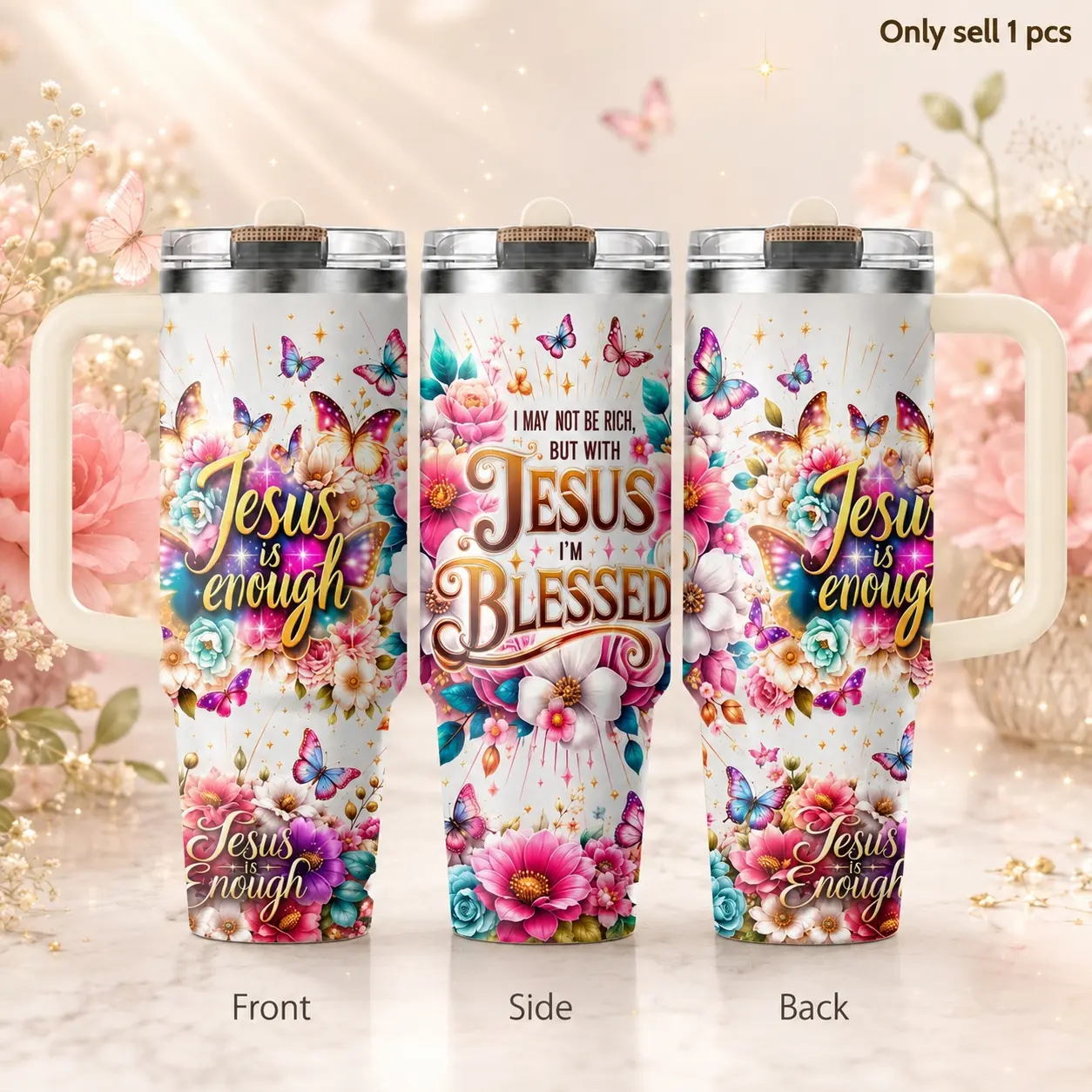 Faith Butterfly Bible Verse 40oz Tumbler – Floral Christian Inspirational Stainless Steel Insulated Cup with Handle & Straw Lid for Coffee, Water, Church, Office, Self Care, Faith Gift for Women