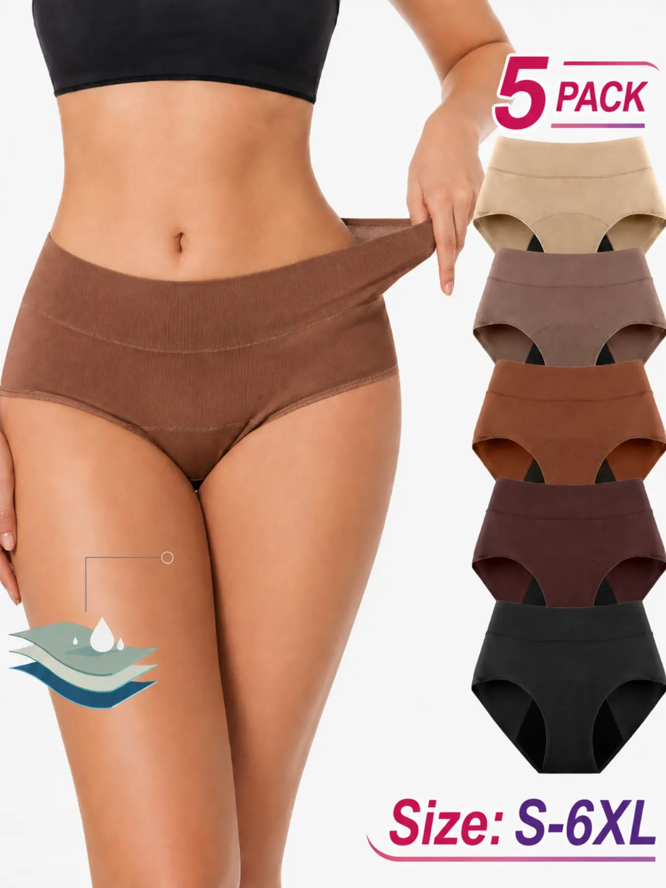 5 Pack Women’s Leakproof Period Underwear, High Waisted Menstrual Panties with Absorbent Layer, Comfortable Everyday Protection