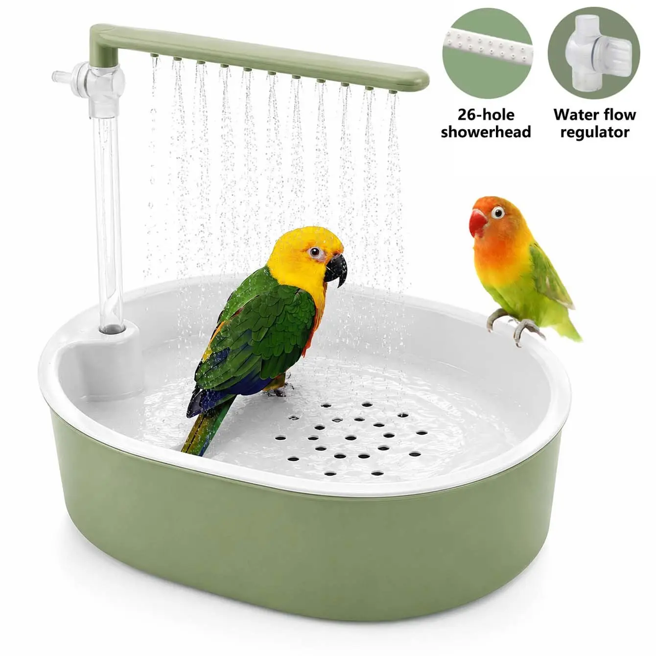 Electric Bird Bath for Parrots, Bird Shower Fountain with 26 Water Outlets, Large Capacity Bath Basin, Wooden Rest Perch, Quiet Water Flow and Easy Clean Design for Budgies, Parakeets, Cockatiels, Lovebirds and Small Birds