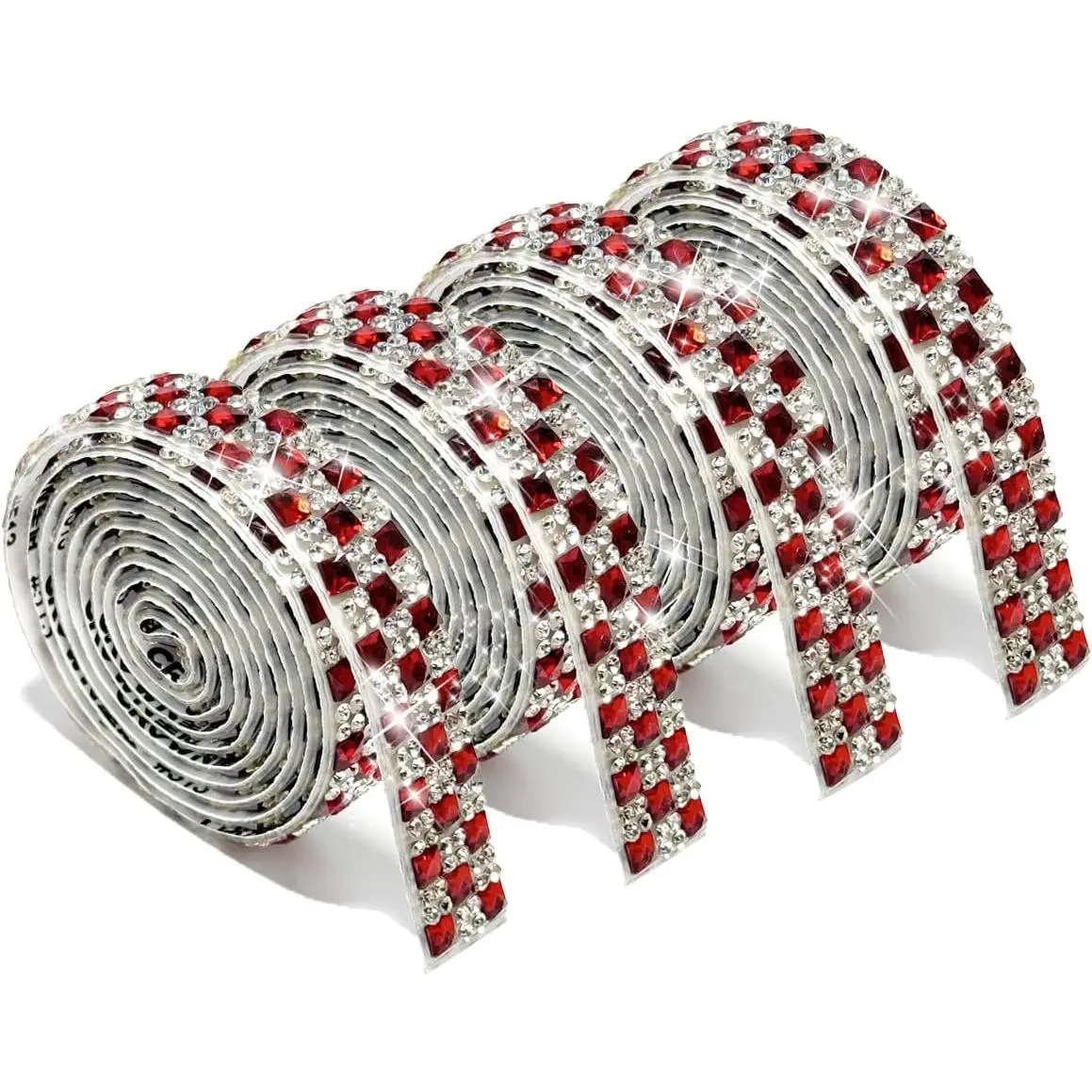 4-Pack Synthetic Self-Adhesive Red Rhinestone Strips (1.2cm), Bling Glitter Sewing Accessory Tape for DIY Decorations, Phone/Laptop Embellishments