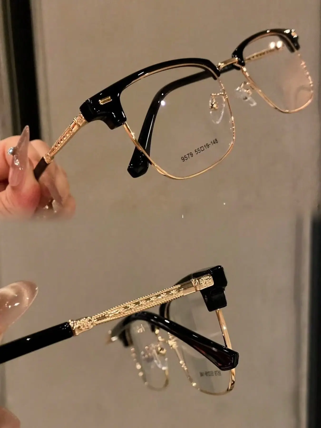Men's Retro Half-Frame Glasses, Gold Frame Eyewear, Korean Fashion Unisex Sunglasses, Versatile Plain Lens Spectacles