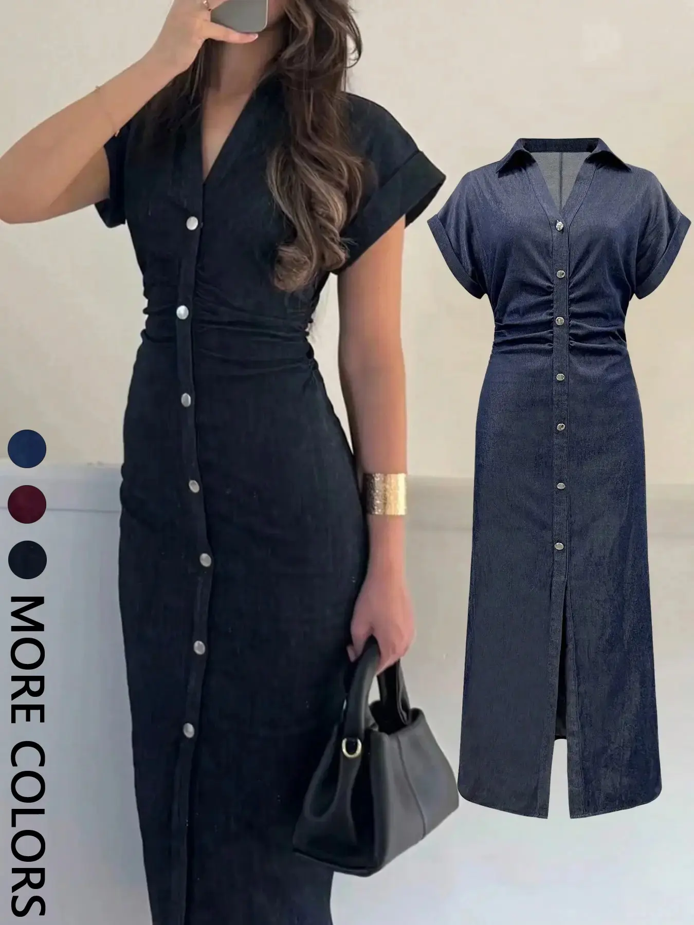 Elegant Women's Pleated Button Front Dress, Sexy Short Sleeve Collared Plain Summer Dress, Loose-Fitting Non-Elastic Fabric Casual Wear, Buttoned Dress