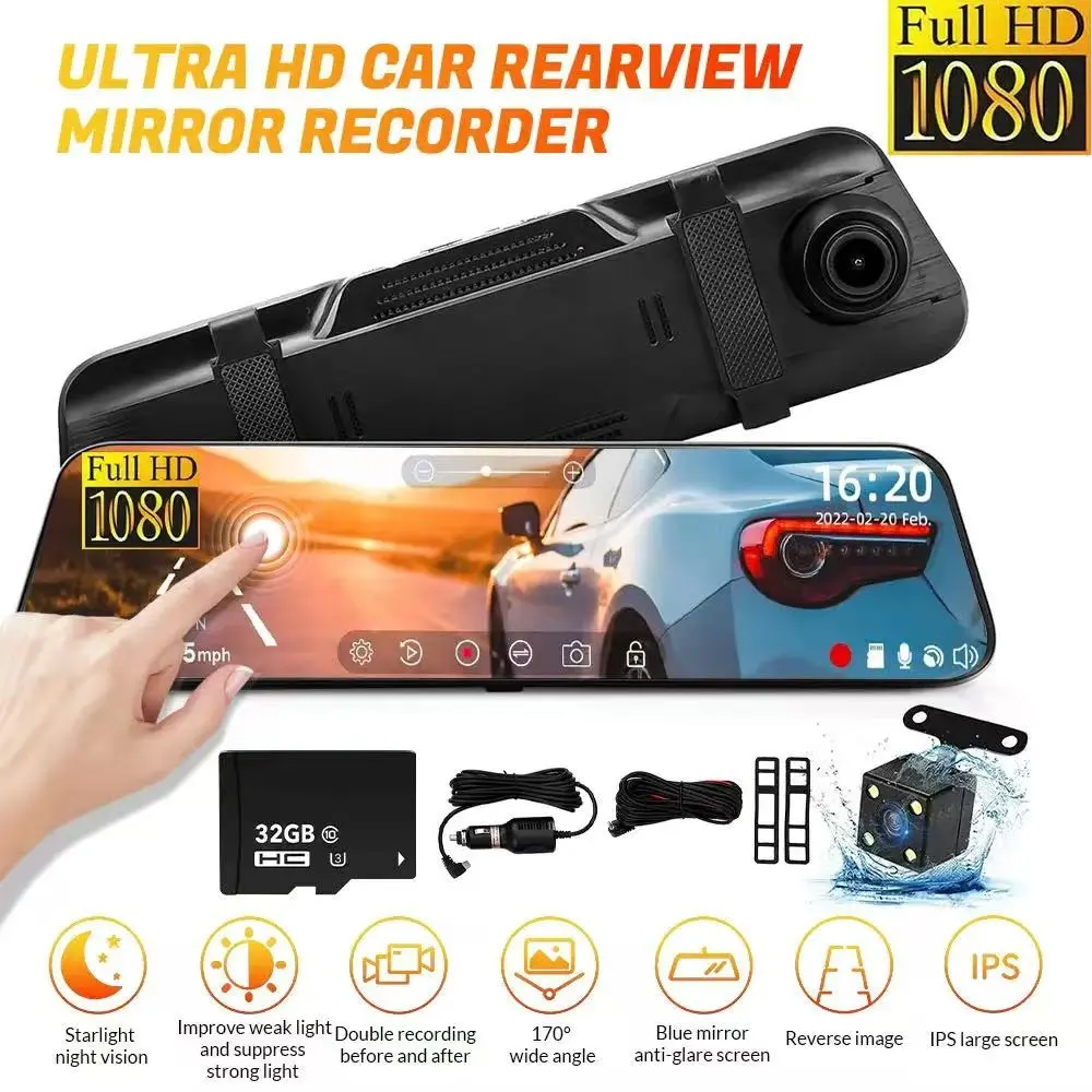 10-Inch Rearview Mirror Dash Cam, 1080P Full HD Front and Back Cameras, Touchscreen, Night Vision, 170° Wide Angle
