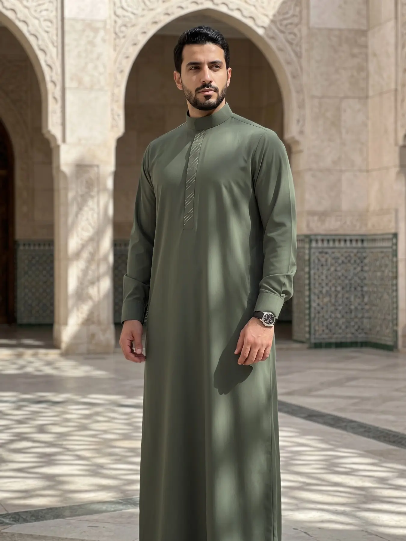 Islamic Moroccan Long Robe for Men, Muslim Thobe, Collared Style Thobe, Olive Stand Collar, Loose-Fitting, Baggy, Embroidery Pattern, Traditional Festival Wear, Gift Idea, Muslim