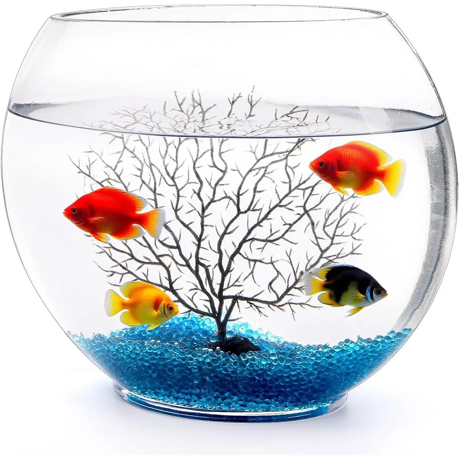 Mini Glass Fish Bowl, Oblate Small 1Gallon Fish Tank with Blue Aquarium Decor Sands and Plastic Coral Branch Tree Ornament for Betta Fish
