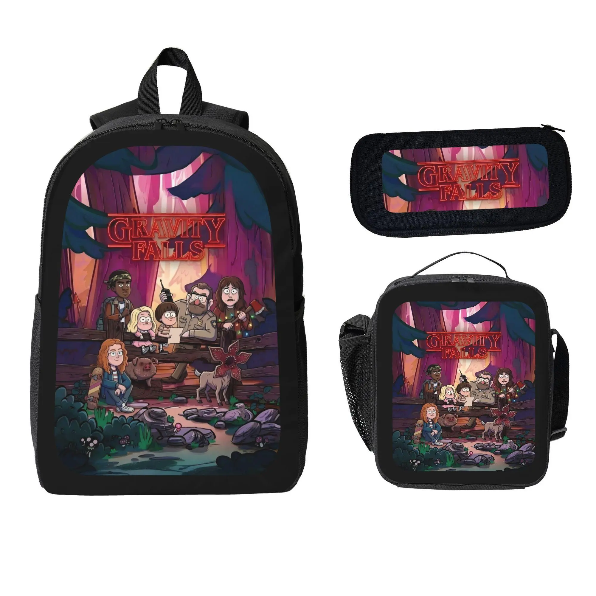 Gravity Falls Character Print Unisex Student Backpack 3-Piece Complete Set - Zip Pencil Case, Lunch Bag, Book & Supply Storage, Lunch Freshness Retention, Complete Set for Daily Use, For Books And Supplies, Keeps Lunch Fresh
