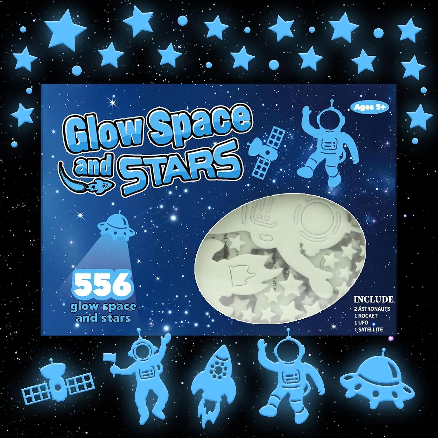 556 count Glow in The Dark Stars for Ceiling,  Glow in The Dark Space Galaxy Stickers Astronaut Rocket  Dots Stars for  Room Wall  Ceiling Decorations Party Birthday GIF (Blue)