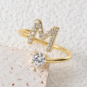 Shiny Easy M Letter Ring 18K Gold Plated Inlaid Shining Synthetic Synthetic Zircon​​ Adjustable Cuff Ring Match Daily Outfits Party Accessory Wedding Engagement Promise Bride Eternity Ring Anniversary Ring Birthstone Ring