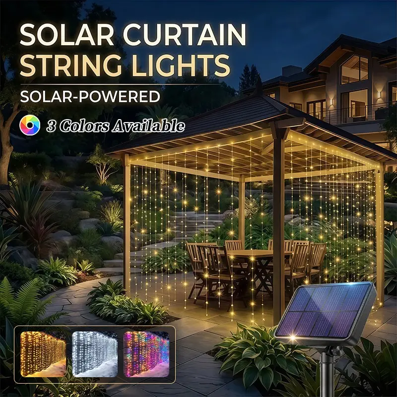Outdoor Solar Curtain Lights, LED String Lights with 8 Modes, Warm Light, Wedding Garden Bedroom Decor, Indoor Outdoor Wall Decoration, Led Lighting
