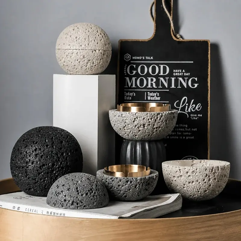 Modern Concrete Ashtray with Textured End - Stainless Steel Removable Bowl & Self-Cleaning Pebbles, Anti-Fly Lid, Easy to Clean