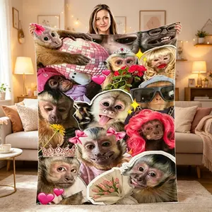 Funny Monkey Face Flannel Blanket Cute Cartoon Animal Print Soft Cozy Lightweight Plush Throw Blanket AC Blanket Sofa Bed Bedroom Living Room Office Travel Camping Movie Night Home Decor Gift Birthday Christmas Viral Animal Lover Blanket