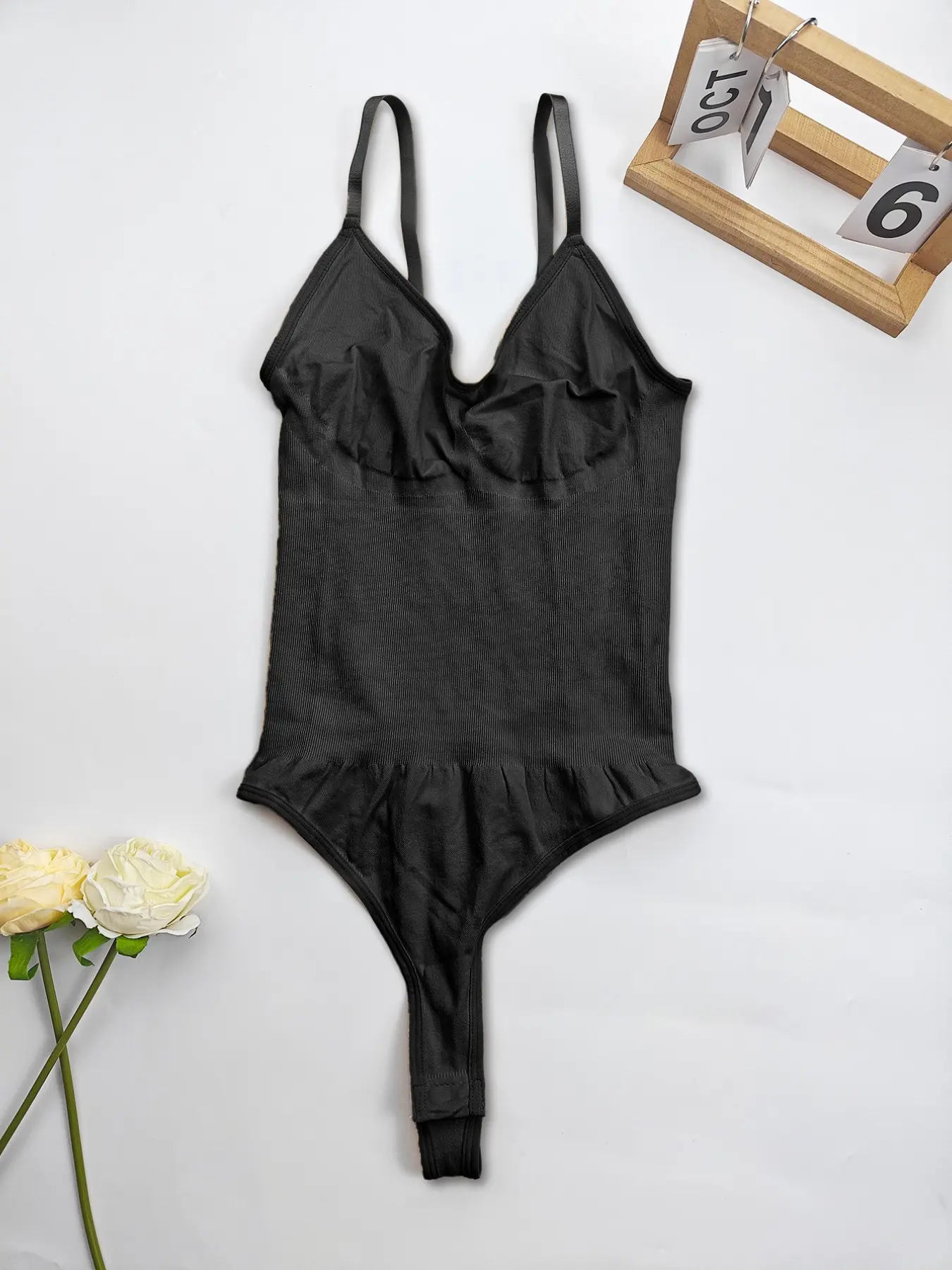 Deep V Neck Adjustable Strap Bodysuit, Large Open U Back, Ruffle Hem, Snap Button Crotch, Soft Stretch Rib Fabric, Casual Romper