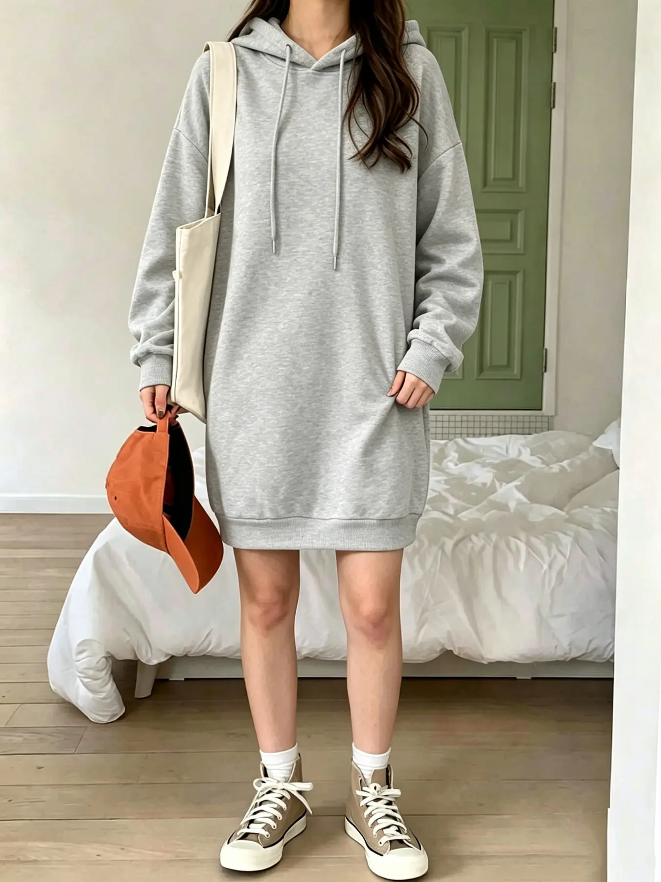 Women's Plain Midi Sweater Dress, Long Sleeve Loose-Fitting Casual, Fall & Winter Fashion, Unlined Daily Wear