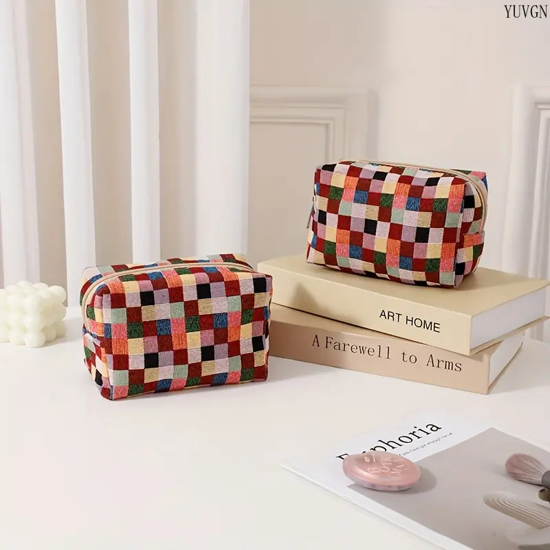 Women's 2PCS Cute Small Plaid Color Block Zipper Makeup Bag - Compact Portable Gym Bag, Pillow-Style Organizer for Skincare, Makeup Brushes, Ideal Travel Carry Case, Portable Size, Travel Cosmetic Bag, Makeup Organizer Pouches