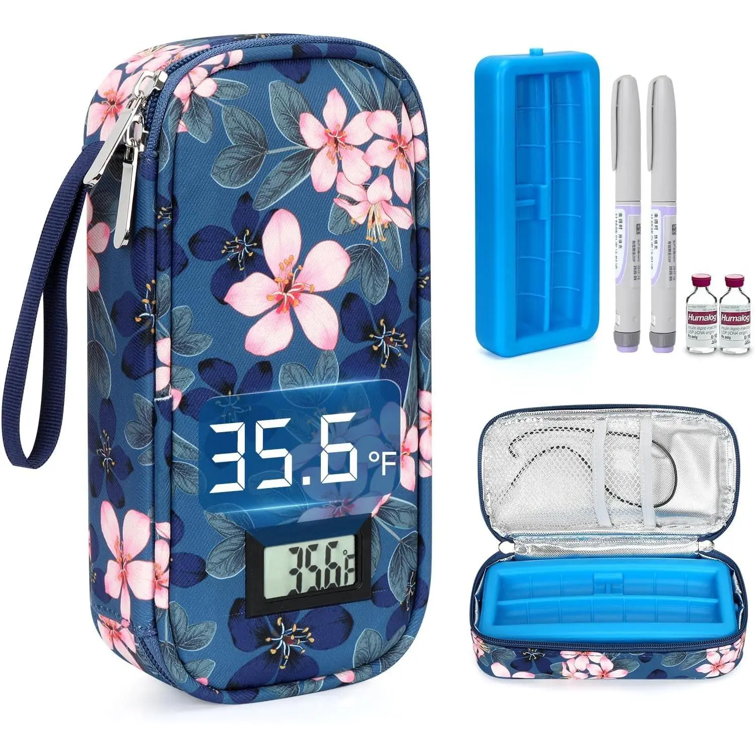 Diabetic Med Cooling Travel Case for Pen & Vials with Temp Display, Protective Ice Brick, TSA Approval & Fridge Compatibility (Magnolia), Cooling Bag