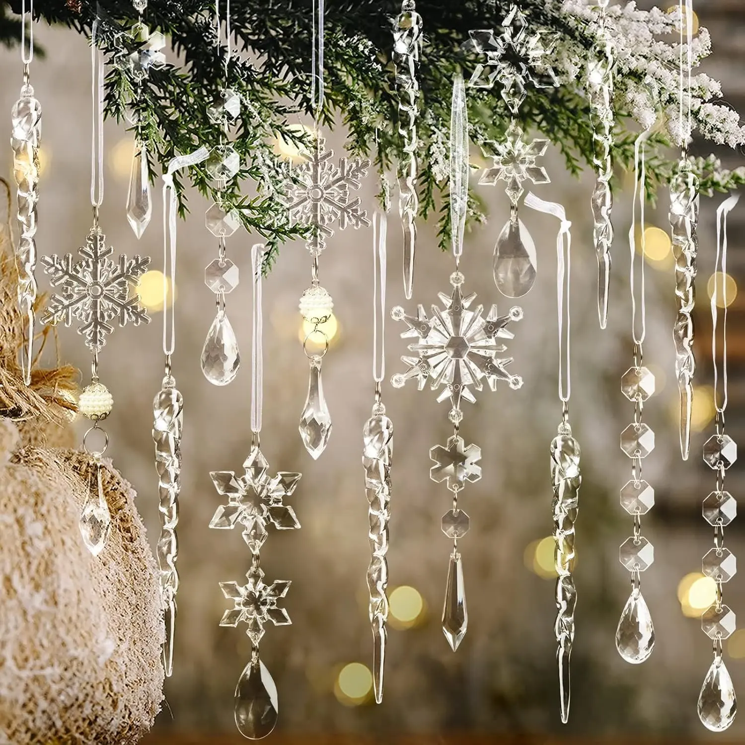 18pcs Christmas Tree Decoration Crystal Ornaments - Hanging Acrylic Christmas Snowflake Icicle Drop Ornaments for Xmas Tree Winter New Year Party Supplies