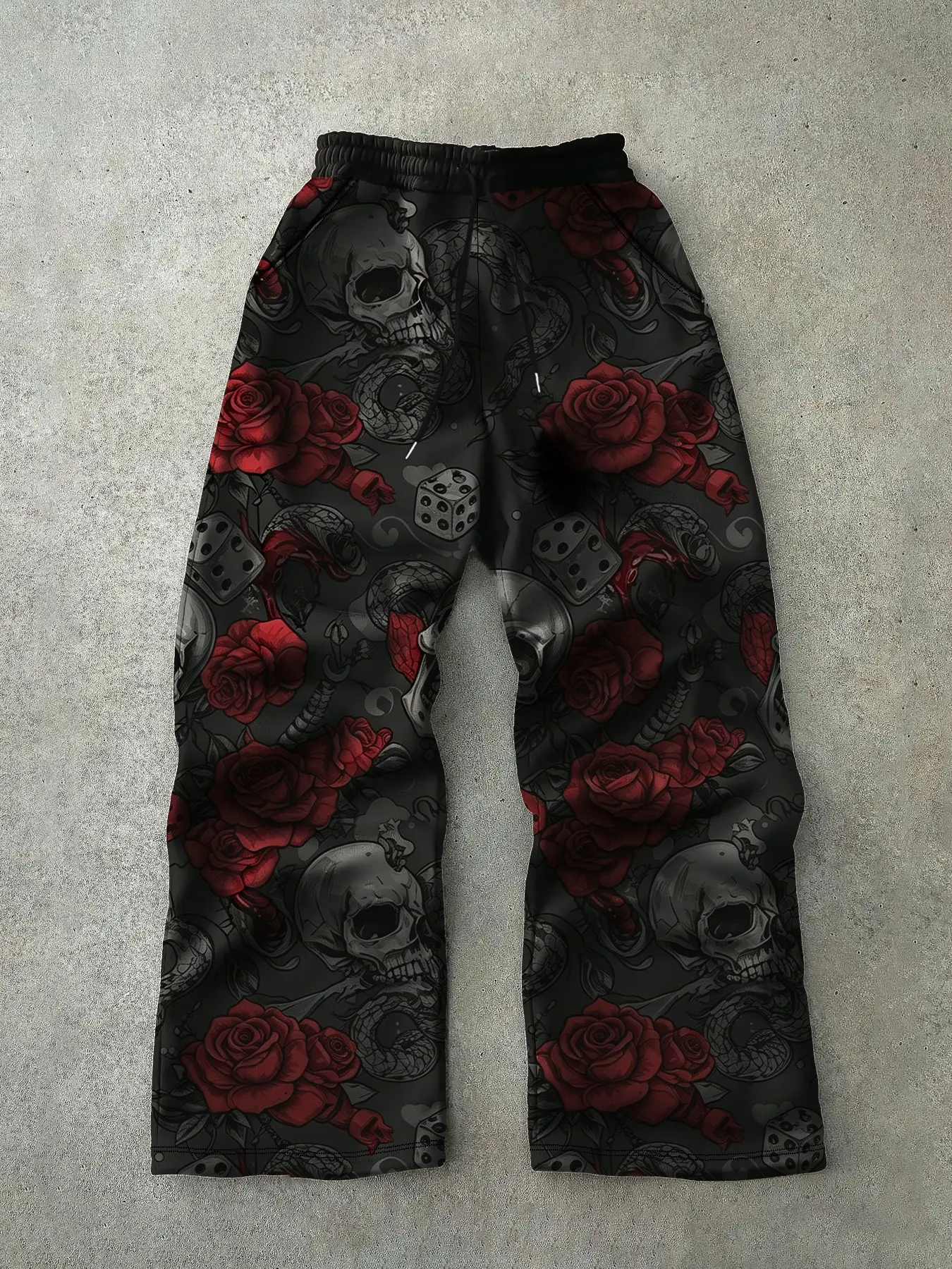 Men's Black Drawstring Elastic Waist Baggy Wide Leg Pants, Red Rose Skull Snake And Dice Full Over Print, Loose Straight Fit, Dark Gothic Streetwear Daily Trousers