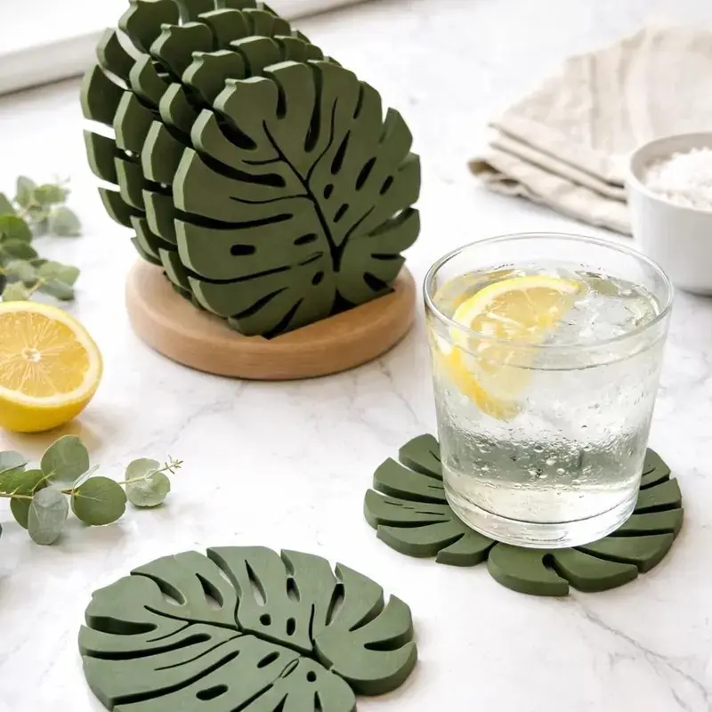 5PCS Monstera Leaf Decorative Coaster Set, Tableware, Non-Slip Heat Resistant Silicone Drink Coasters, Tropical Green Plant Home Decor, Unique Gift for Plant Lovers, Housewarming Kitchen Accessories, Base included