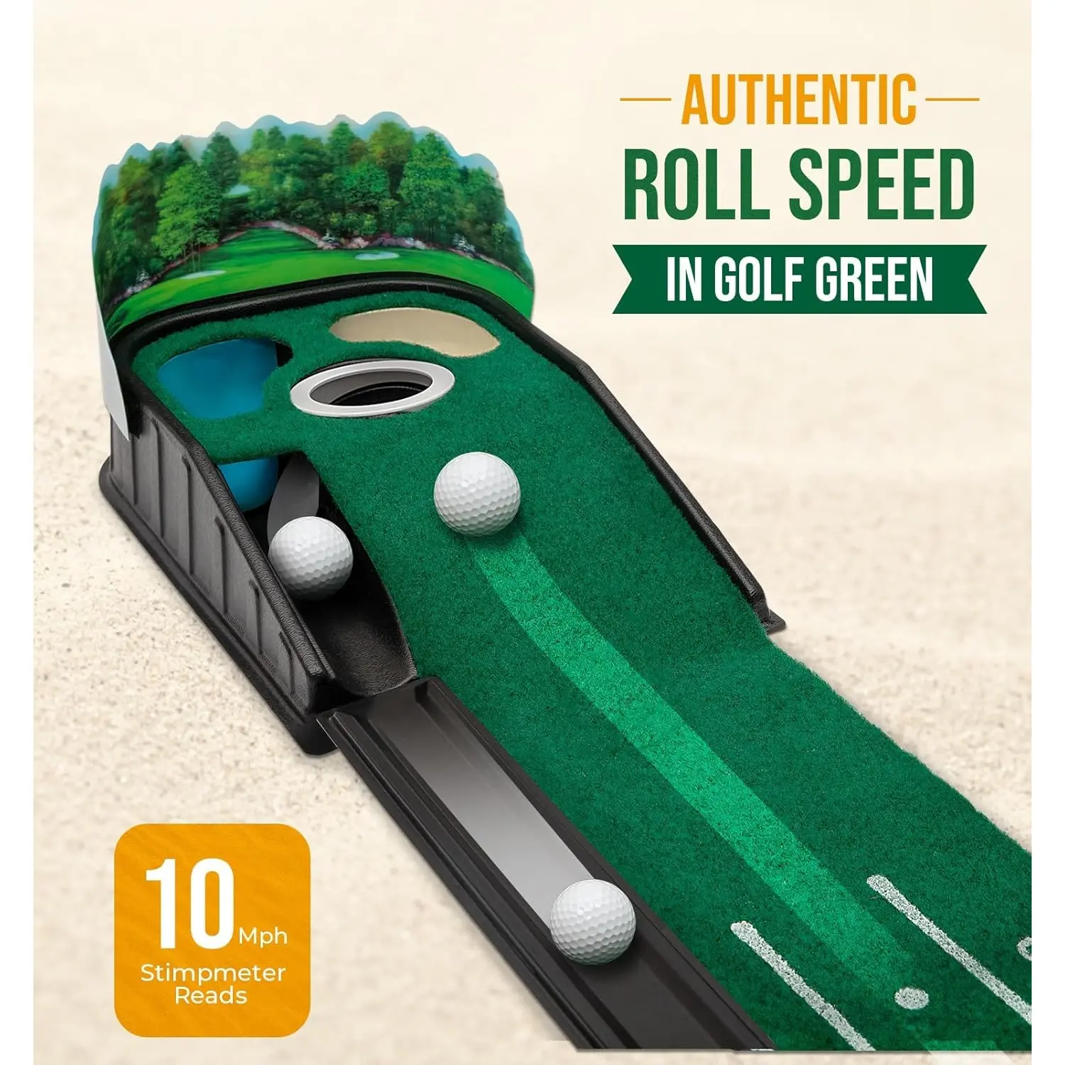 The Golf Putting Mat Features True Green Speed And a Wrinkle-Free Surface. Ball And Club Not Included, 8-Foot Practice Putting Mat with Transparent 3D Backboard, Alignment Guide, And Ball Return