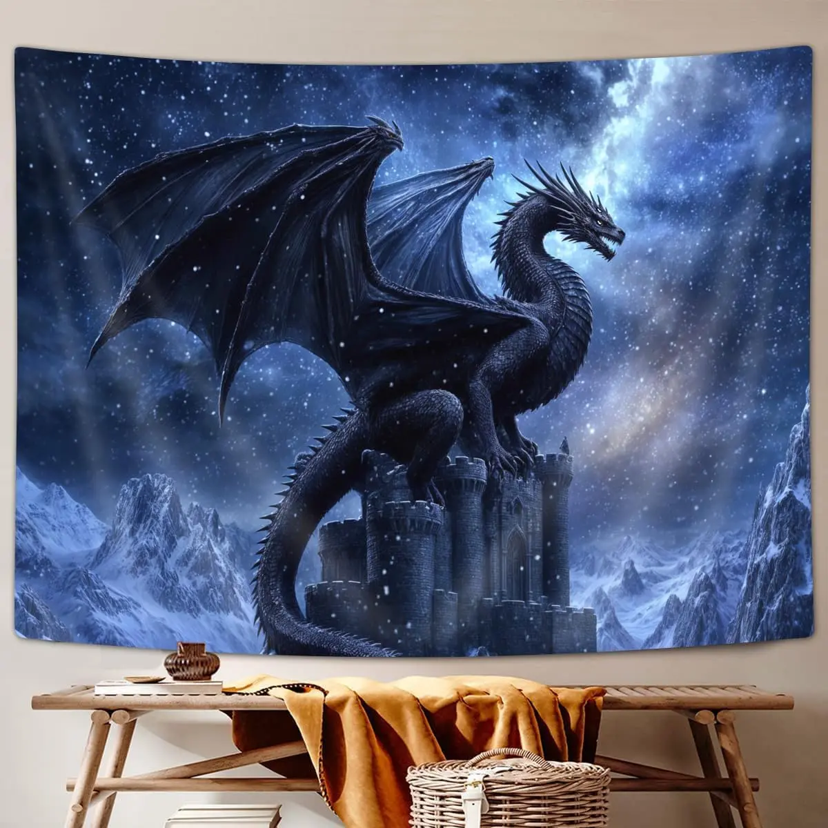 Fantasy Dragon Tapestry, Cool Animal Castle Blue Galaxy Tapestry Wall Hanging for Boys Men Bedroom, Tapestries Poster Blanket College Dorm Home Decor