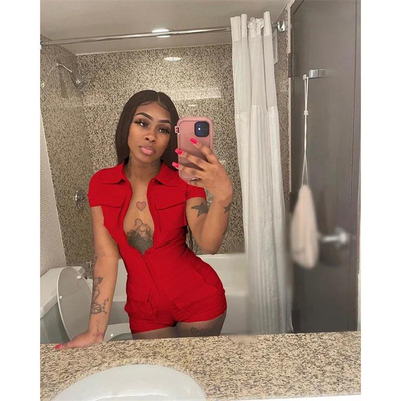 Streetwear Zipper Pockets Shorts Jumpsuit Women Clothing Short Sleeve Skinny Cargo Playsuit Summer Casual Pieces Romper