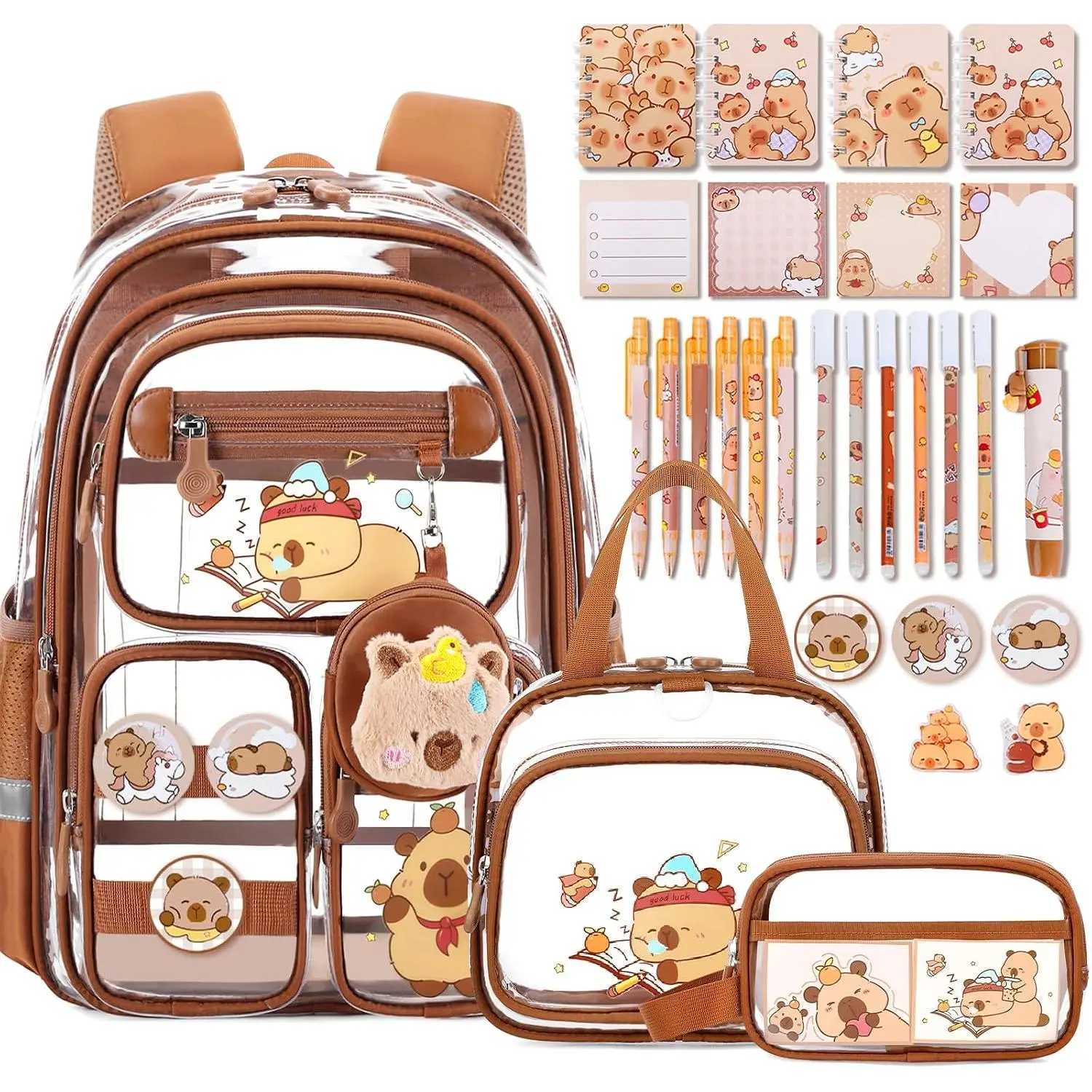 Capybara Theme Clear Backpack, 28 count School Supplies Stationery Transparent Backpack Set with Lunch Box Pencil Case Pens Notebooks for  Girls Elementary Middle School Stadium Approved