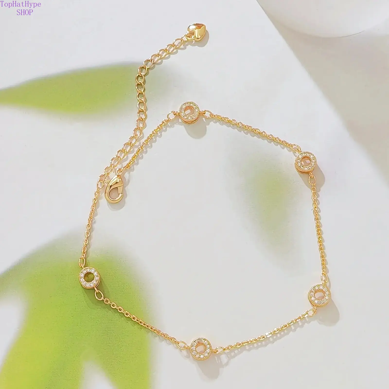 Women Elegant 14K Gold Plated Cubic Zirconia Circle Ankle Bracelet, Dainty Station Chain Adjustable Anklet, Wedding Daily Wear Foot Jewelry Gift for Her