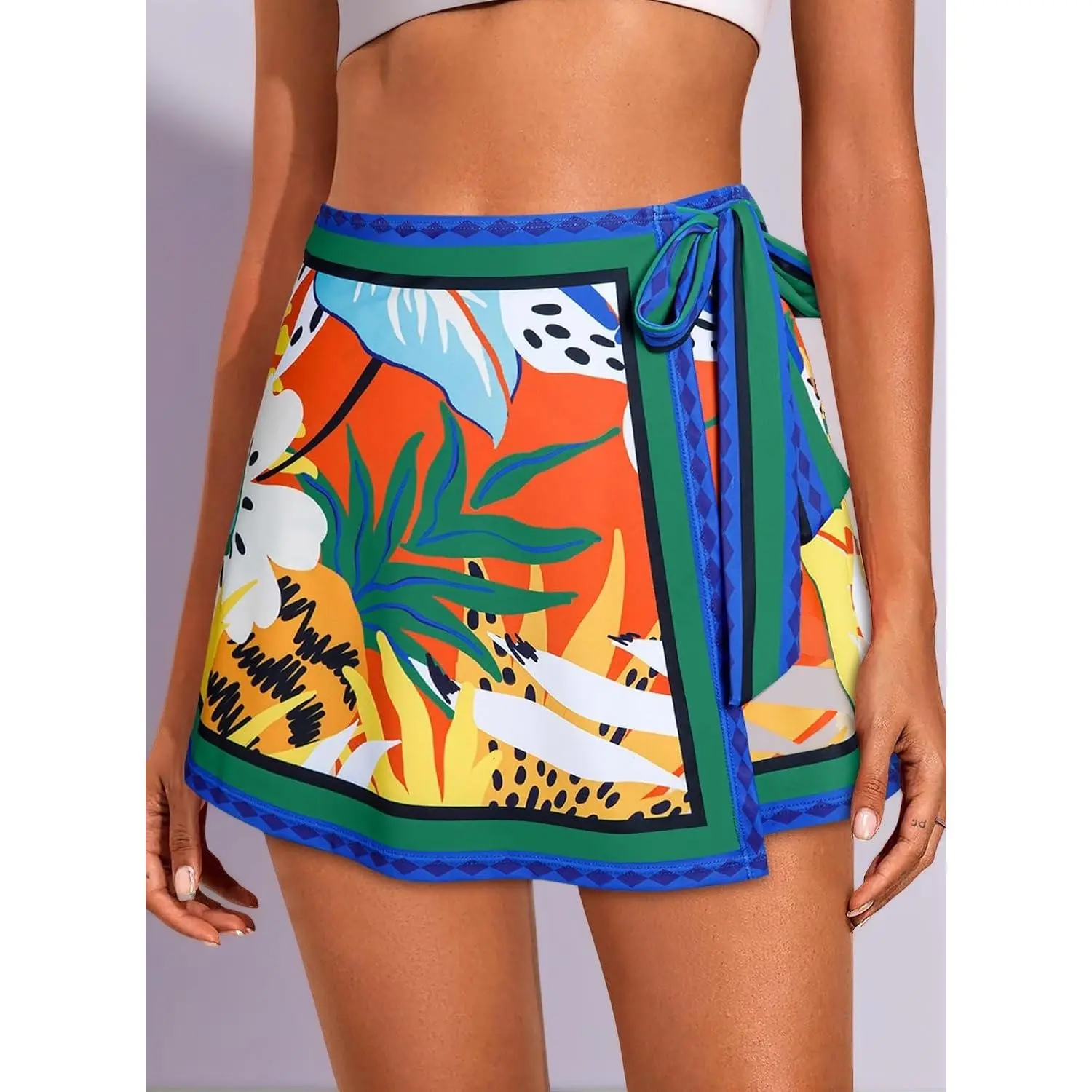 Adults' Tie-Side Blue Multicolor Floral Fabric Sarong - 2026 Summer Casual Beach Wear, Flowers Swimsuit Coverup Wrap Skirt Bathing Suit Accessory