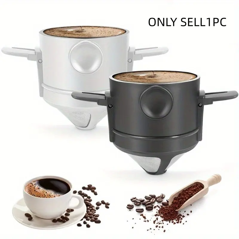 Portable Stainless Steel Reusable Coffee Filter, Foldable Drip Head, Easy Pour Design, Storage Space for Home or Travel