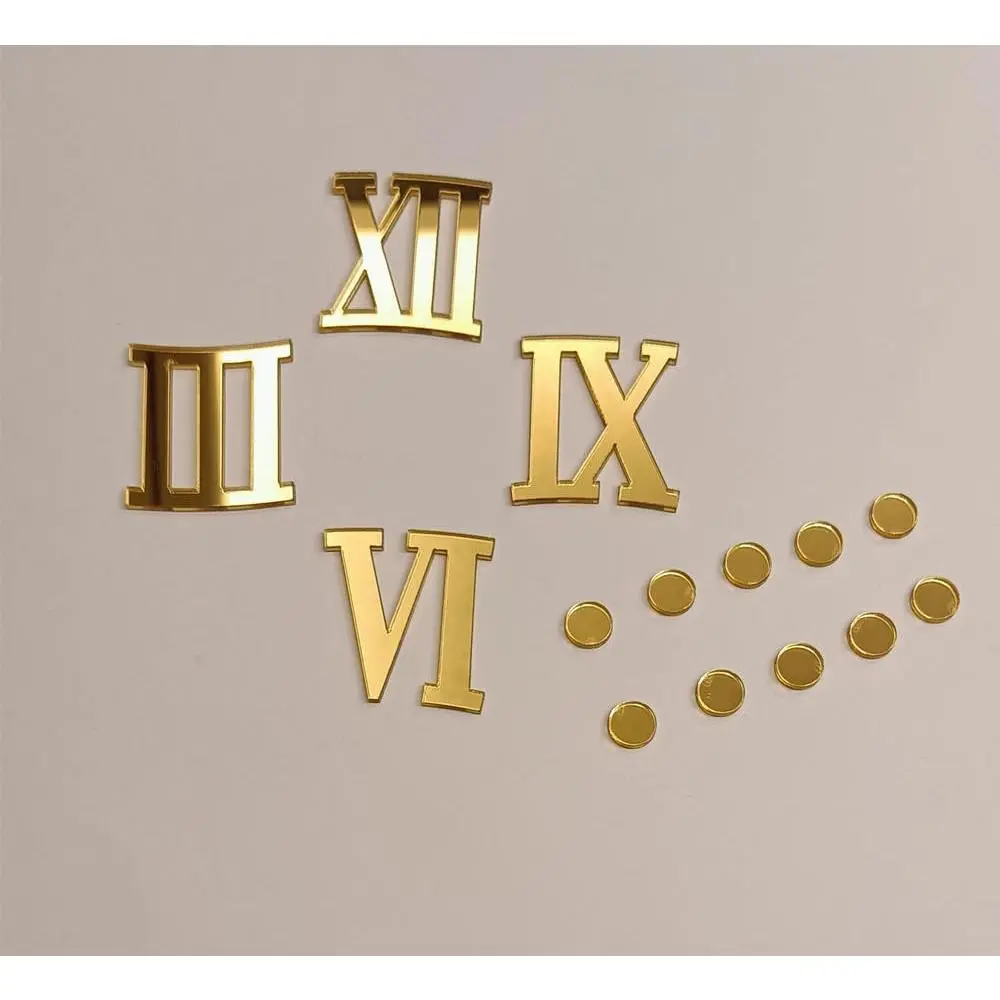 Set of 2 Roman Acrylic Numbers (Numerals) with Round Dots,Mirrored Self Adhesive Mirrored Numbers and Dashes for a Wall Clock (Gold Mirror, 5CM)