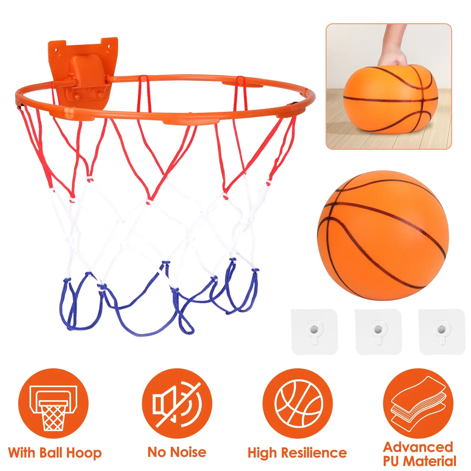 Silent Basketball with Hoop, High Density Foam Basketball Set for Indoor Training, Low Noise Bouncing Ball for Kids & Home Play