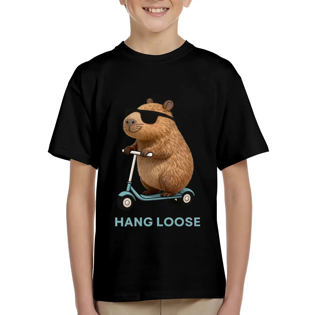 Cute Capybara Riding Scooter Hang Loose Print Kids Short Sleeve T-Shirts Cotton Soft Breathable Crewneck Tees for Boys Girls, Loose Fit Comfortable Basic Tops for 6-15 Years Summer School Casual Wear