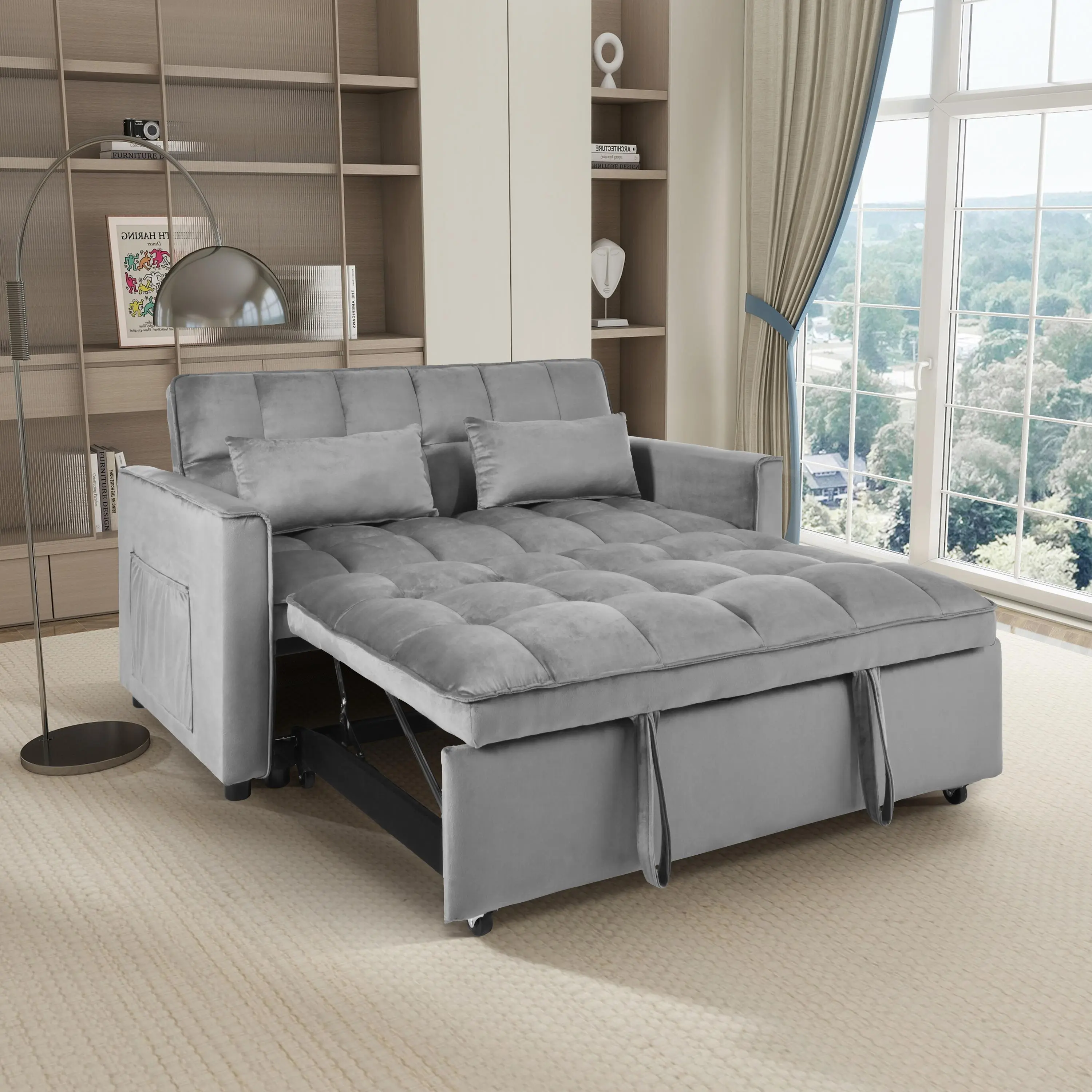 ARCH Convertible Sofa Bed 3-in-1 Pull Out Couch Bed with Reclining Backrest and Pillows Full Sleeper Loveseat for Living Room Home Office Light Gray Velvet Fabric Wood Frame, Light Gray Color Options, Foam/Wood+Metal Material, Product Dimensions: