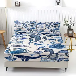 Vintage Watercolor Ocean Pattern 3‑Piece Fitted Sheet Set, No Filling Included, Ultra‑Soft Bedding Set, Calm Coastal Aesthetic Decor for Marine Lifestyle Content Studio, Nature Influencer Room, Blue Ocean Cozy Nook