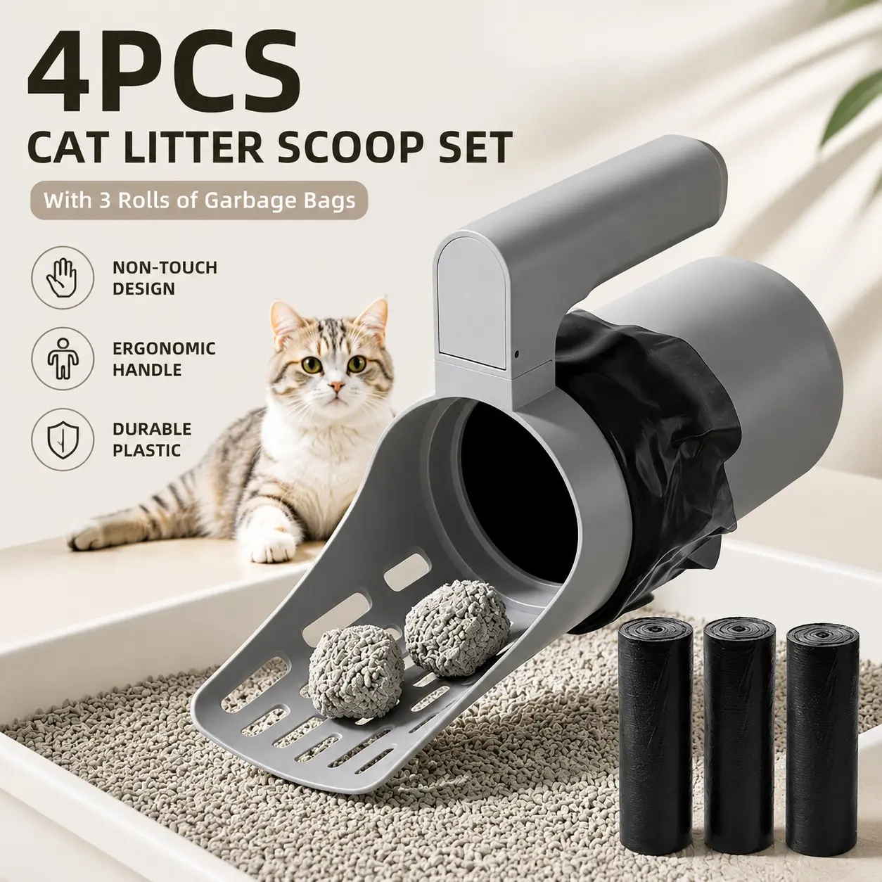 4pcs, 1 Large Capacity Cat Litter Spoon+3 Garbage Bags, Litter Box Scooper, Non-Contact Design, Ergonomic Handle And Durable Plastic Structure, Easy to Clean Design, Suitable for Indoor/Outdoor Use, Indoor Pet Care, Modern Pet Additions, Sturdy Structure