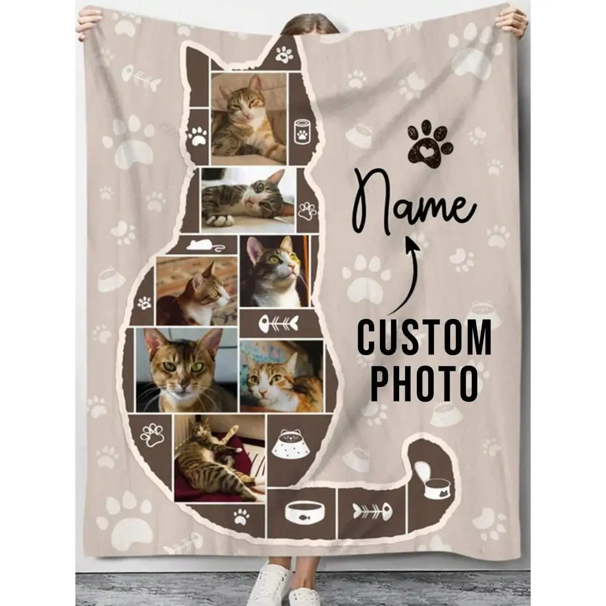 Customized Cat Photo Collage Throw Blanket - Wrinkle-Resistant, Fade-Resistant Flannel, Modern Breathable PVC Cover with Custom Name, Whisker Kitten Paw Keepsake Design, Couch Bedroom Room Decor Gift for Cat Lovers