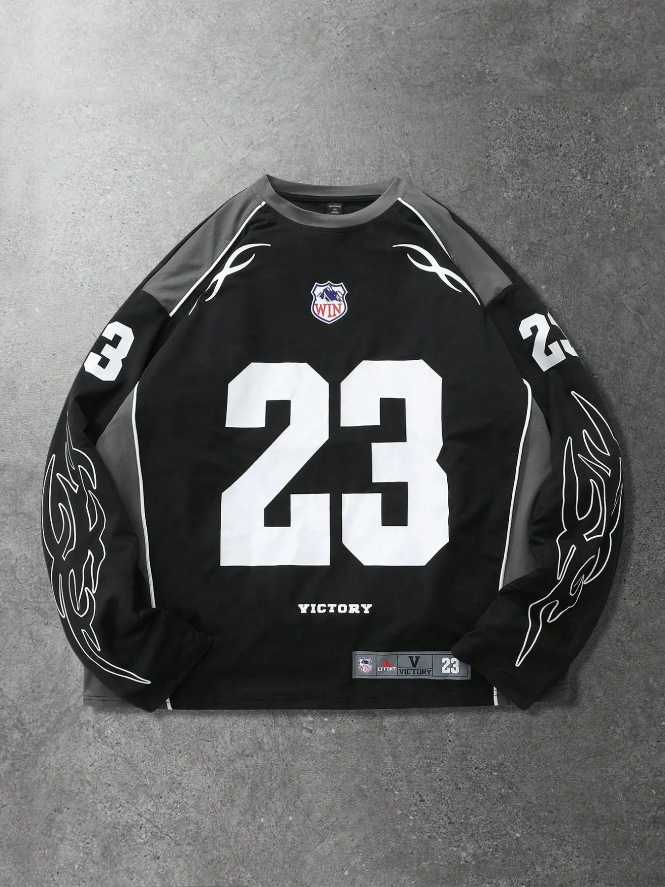 Y2K American Streetwear Long Sleeve Stylish Jersey For Men, Contrast Panel Racing Top With Big 23 Number & Flame Print, Vintage Athletic Football Crew Neck Shirt, Loose Casual Tee For Hip Hop Daily Autumn Wear