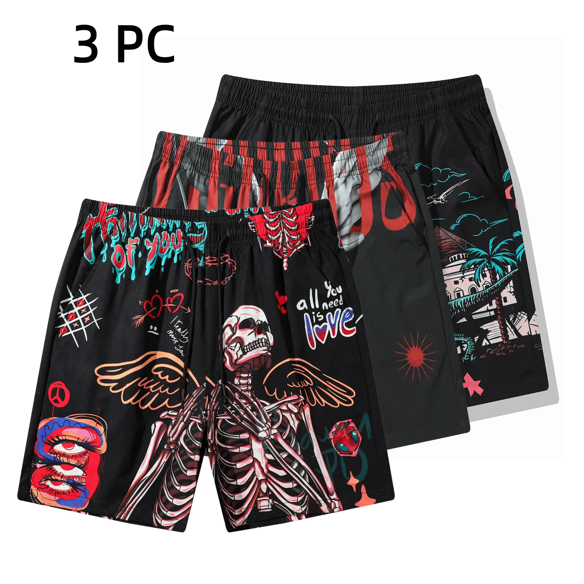 3 Pack Men's Graphic Athletic Shorts Loose Fit Quick Dry Basketball Workout Shorts Streetwear Skull Print Casual Summer Shorts for Gym and Daily Wear