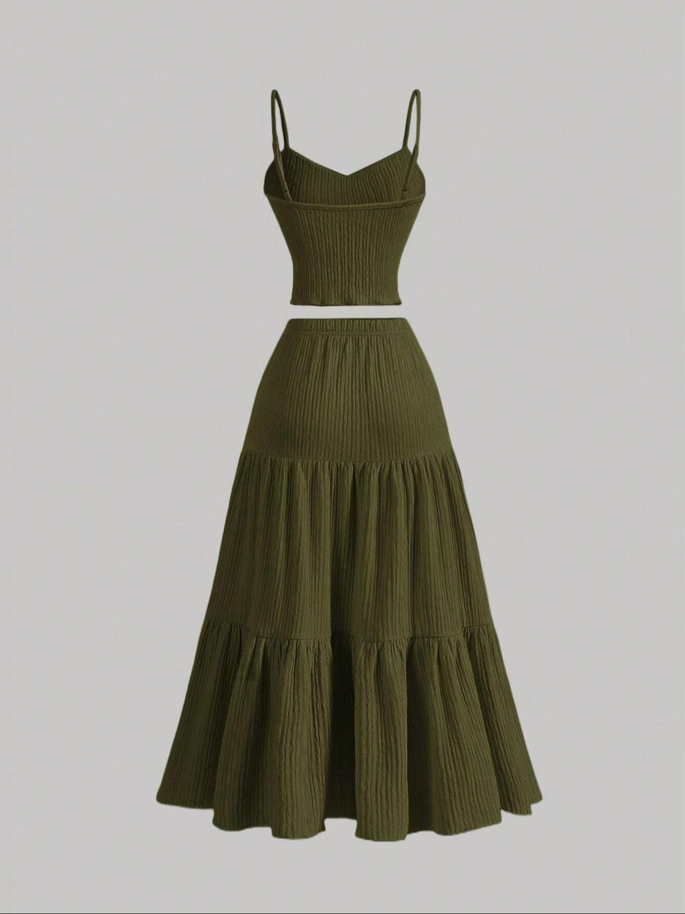 Women's Solid Crop Cami Top & A-line Skirt Two-piece Set, Casual Fashion Cozy Two Piece Outfits for Daily Outdoor Wear, Ladies Clothes for Summer