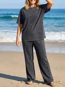 Spring Summer Casual Plus Size Two-Piece Set, Washed Vintage Basic Short Sleeve T-Shirt and Wide Leg Pants, Women's Clothing Ensemble